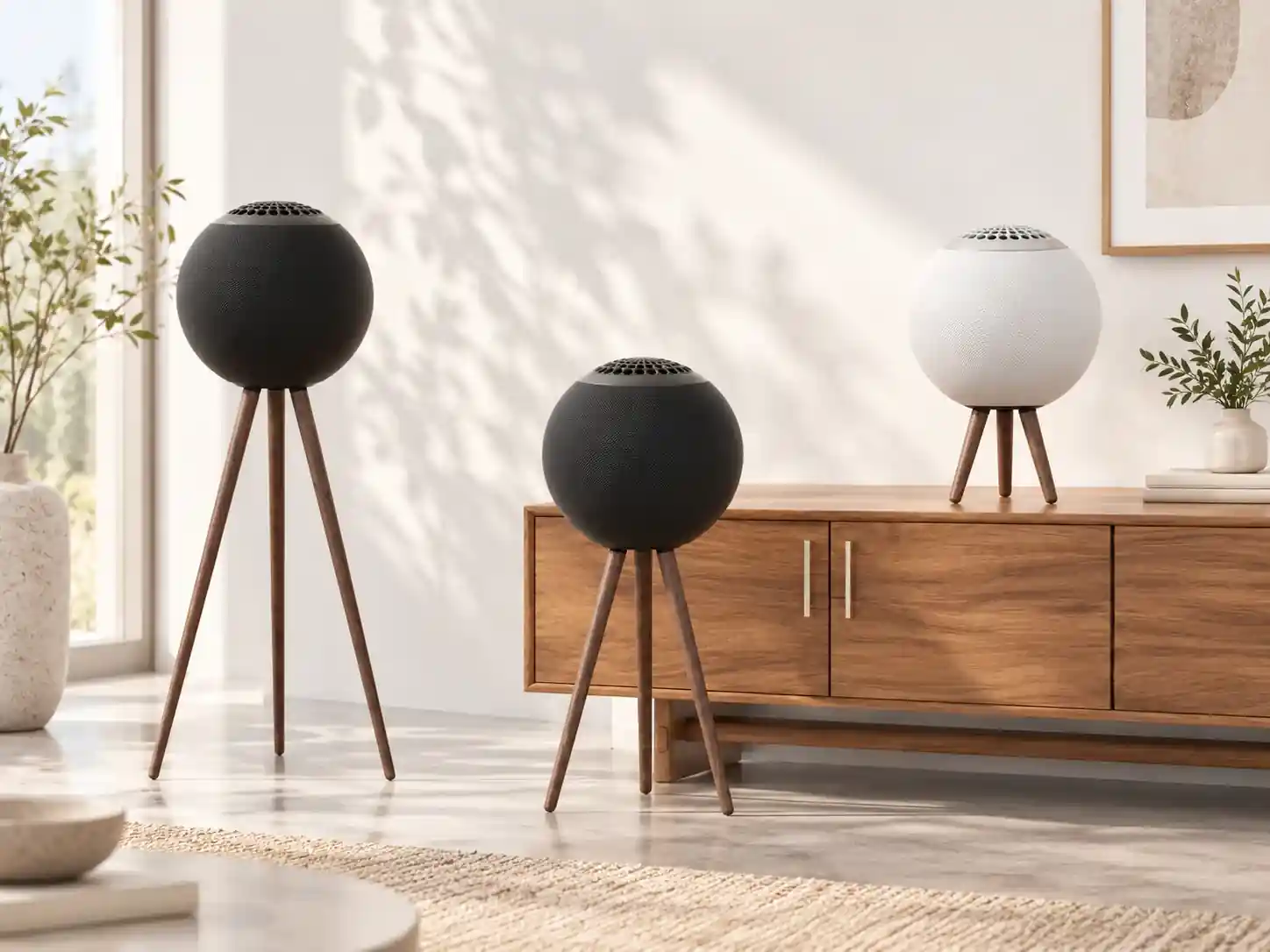 Black and white spherical tripod speakers in a bright living room