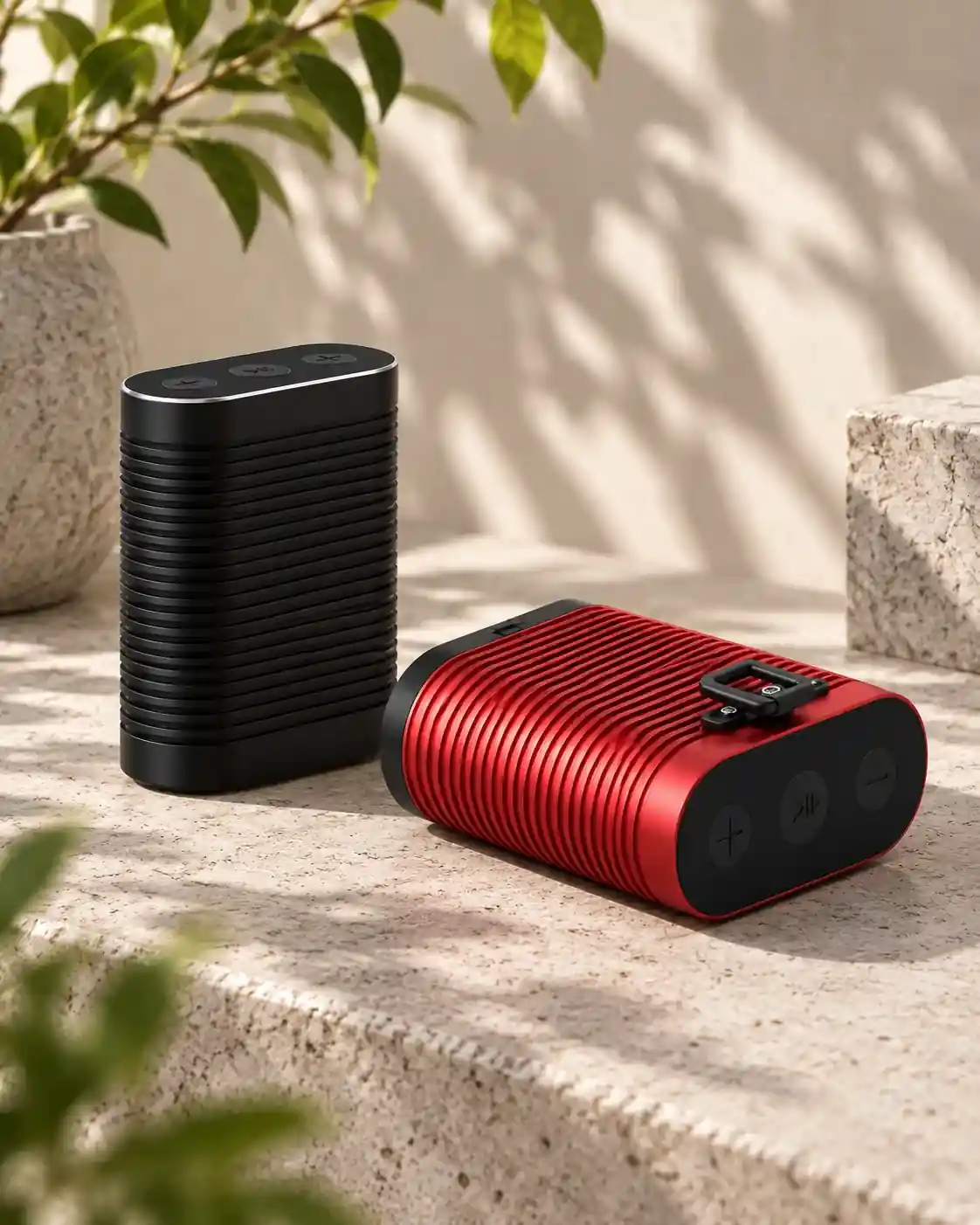 Upright black and horizontal red ribbed speakers on a sunlit desk