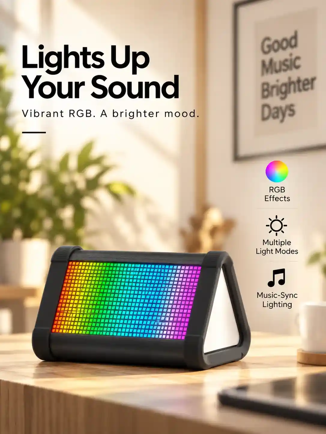 Triangular RGB speaker on a bright desk