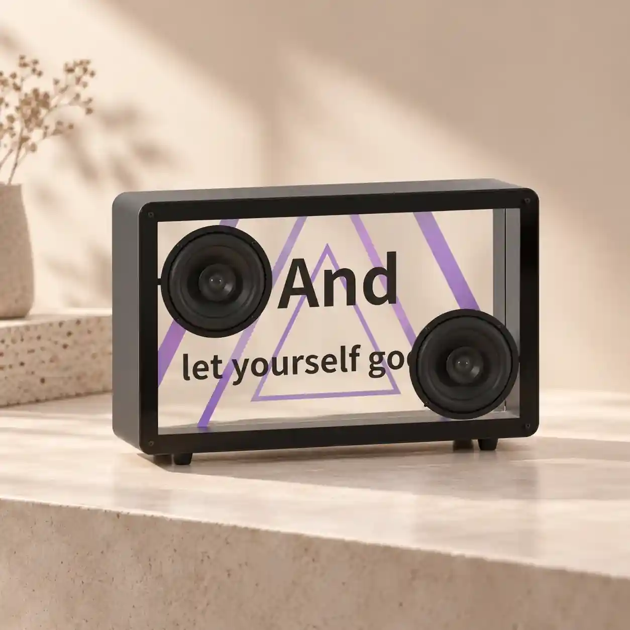 Black-framed transparent caption speaker on a sunlit surface