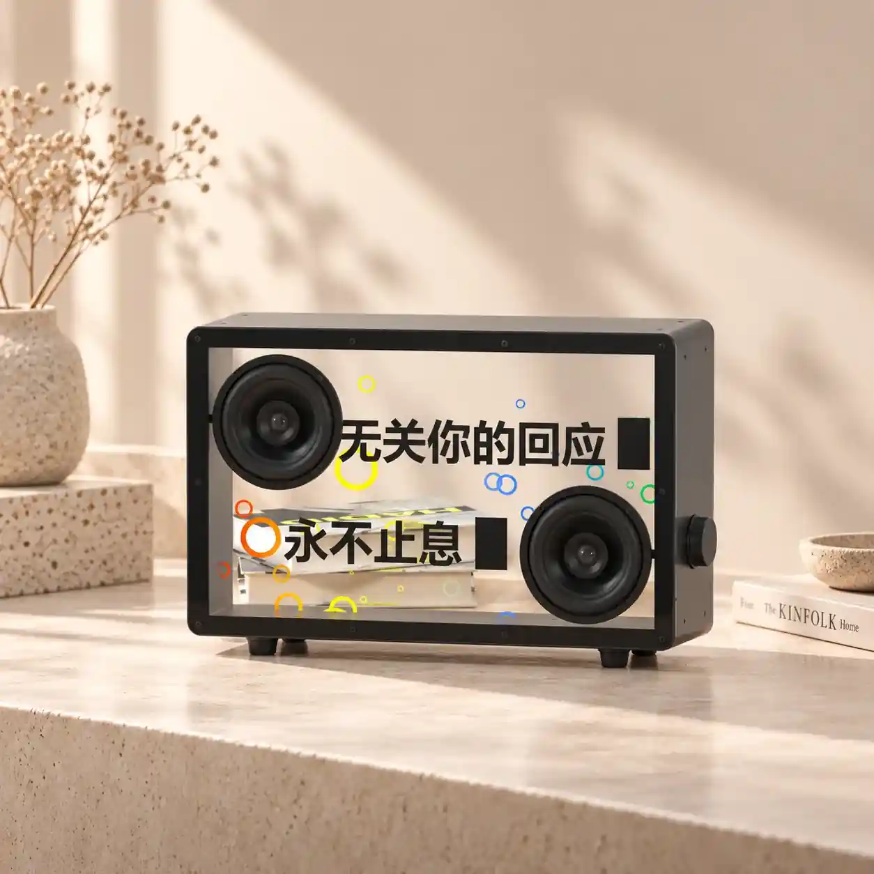 Transparent lyrics display speaker on a sunlit surface