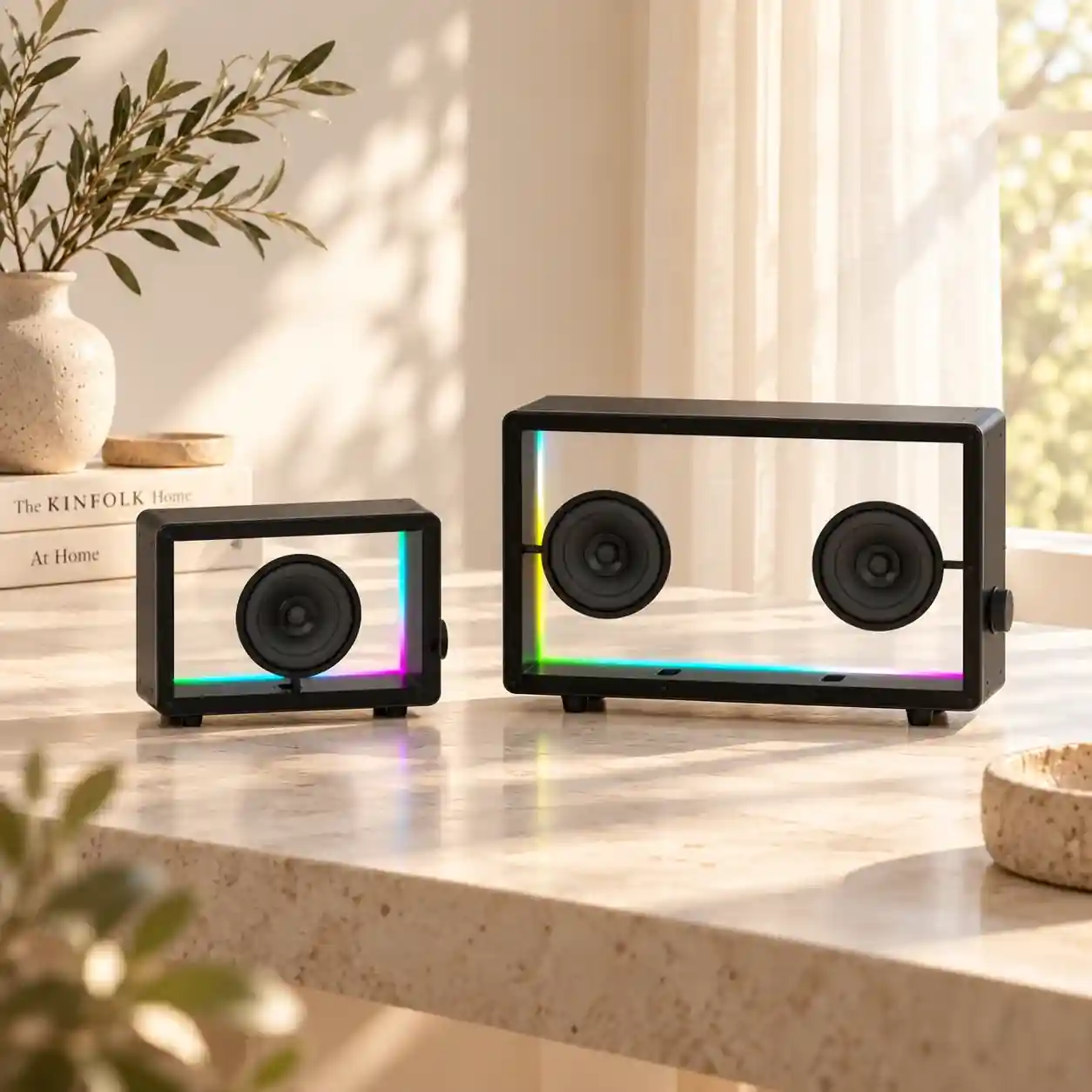 Transparent RGB speakers in two sizes on a bright surface