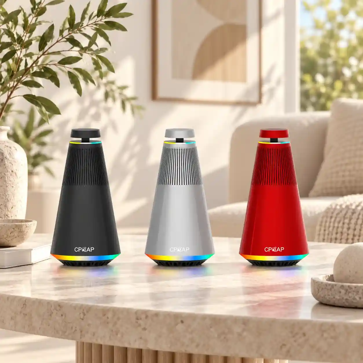 Three tapered speakers in three colors on a bright living-room coffee table
