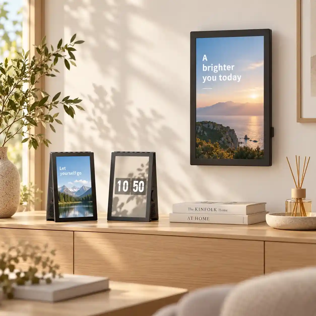 Three modular display speakers in different sizes on a bright sideboard