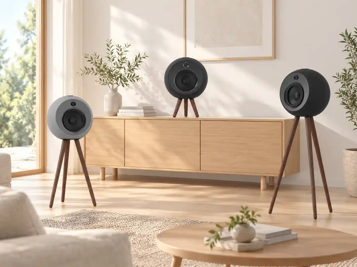 Black and white disc-front tripod speakers on a bright sideboard