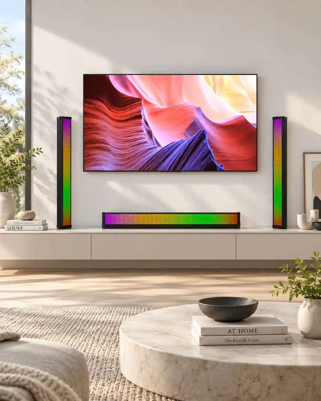 Linear RGB speakers arranged around a television in a bright living room