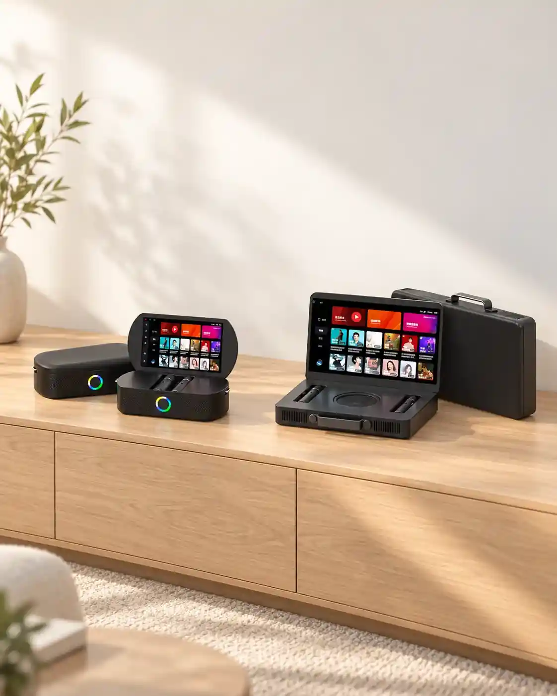 Three foldout display speakers on a bright sideboard
