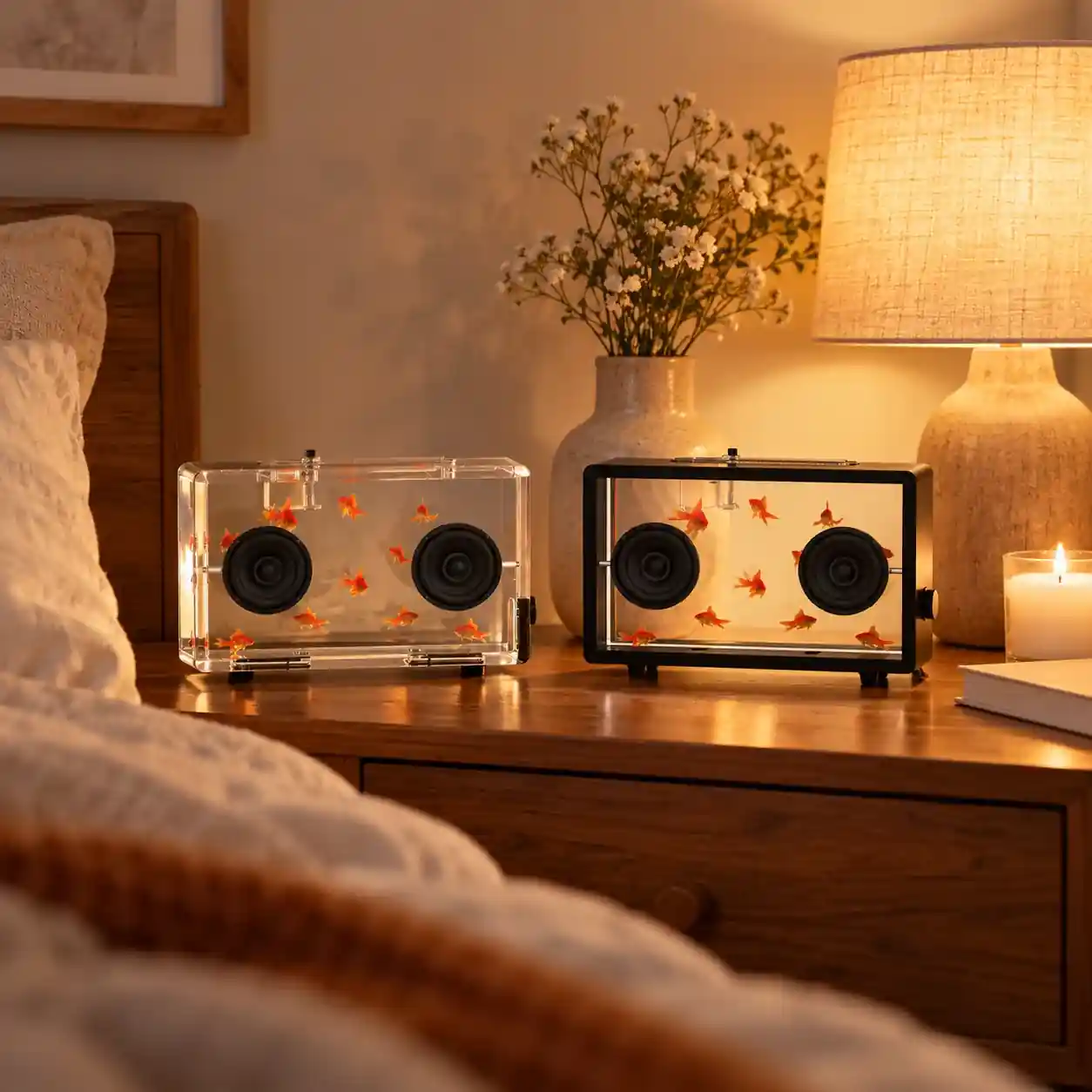 Real transparent-display speaker in a lounge setting; scene imagery does not establish unlisted functions
