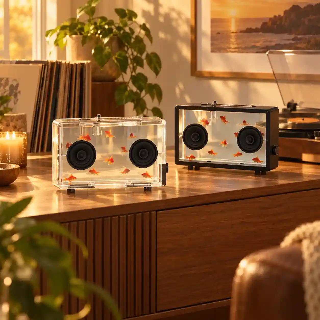 Real transparent-display speaker in a wood cabinet and vinyl setting; scene imagery does not establish unlisted functions