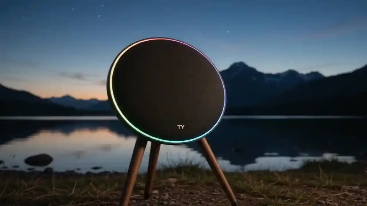 Video poster showing a black record-style speaker beside a lake at dusk; this scene asset does not verify outdoor use, water resistance or battery capability