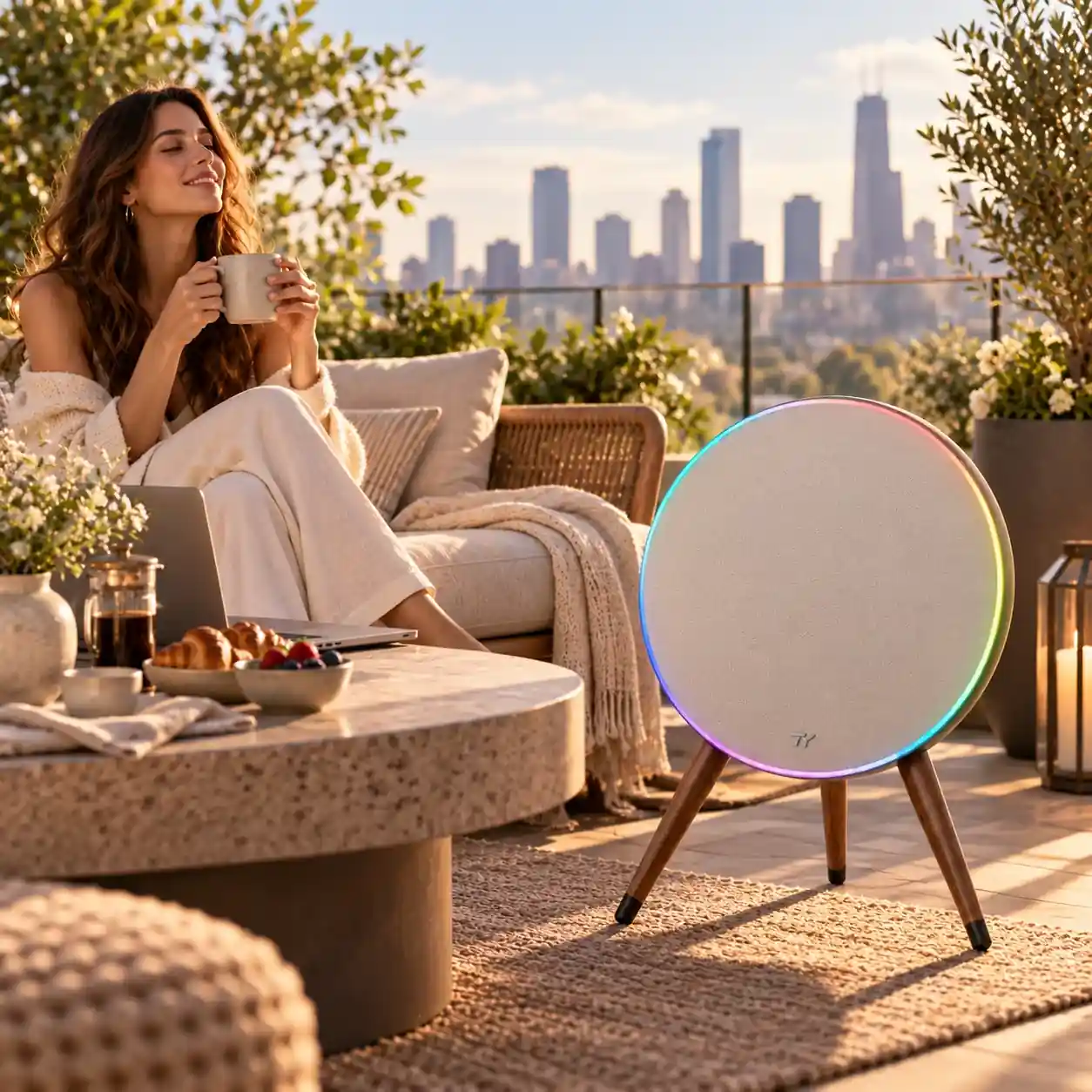 Ivory record-style speaker in a morning city-terrace lounge; color-customization scene asset