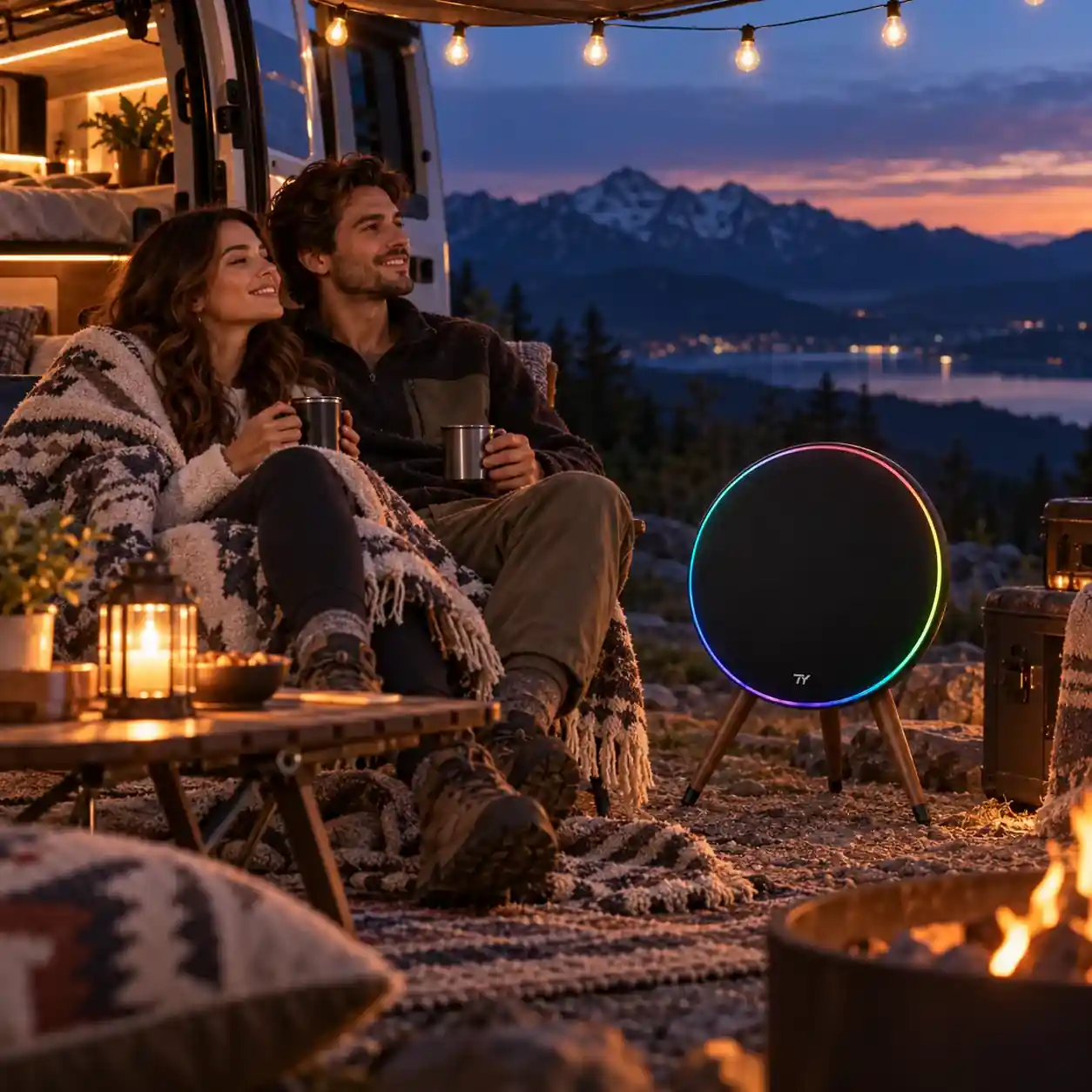 Waterside mountain-scene rendering for record-style speaker colour customization; the desktop panorama is AI-extended at both sides and is not evidence of a real location, outdoor use, water resistance or battery capability