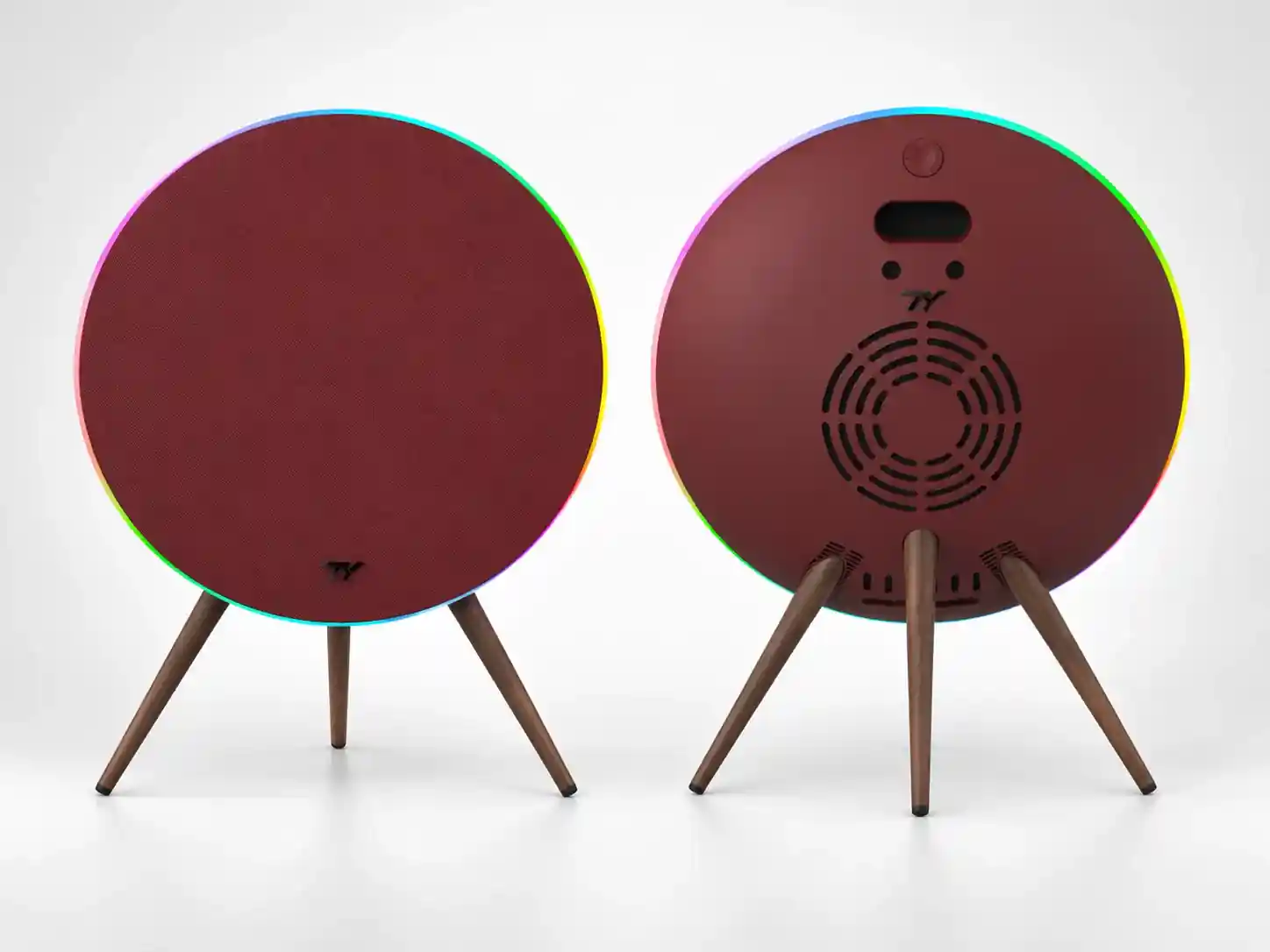 Real burgundy record-style speaker exterior