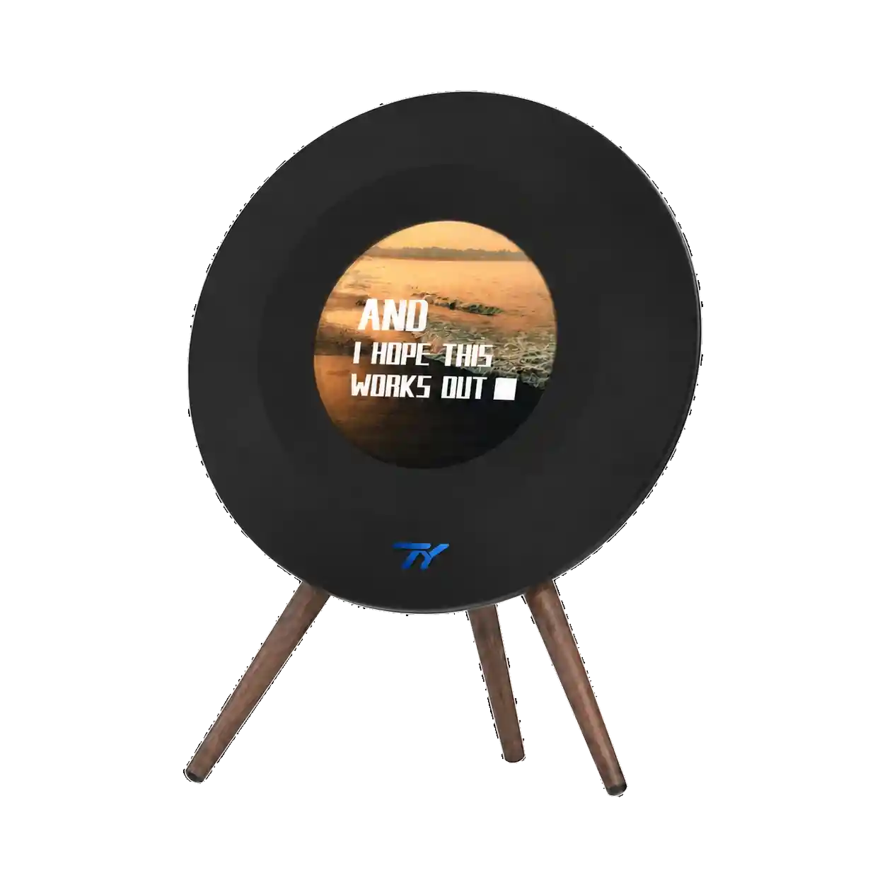 Real round-display speaker with blue indicator light, front view with the original black photographic background removed; exact model, specifications and functions require sales confirmation
