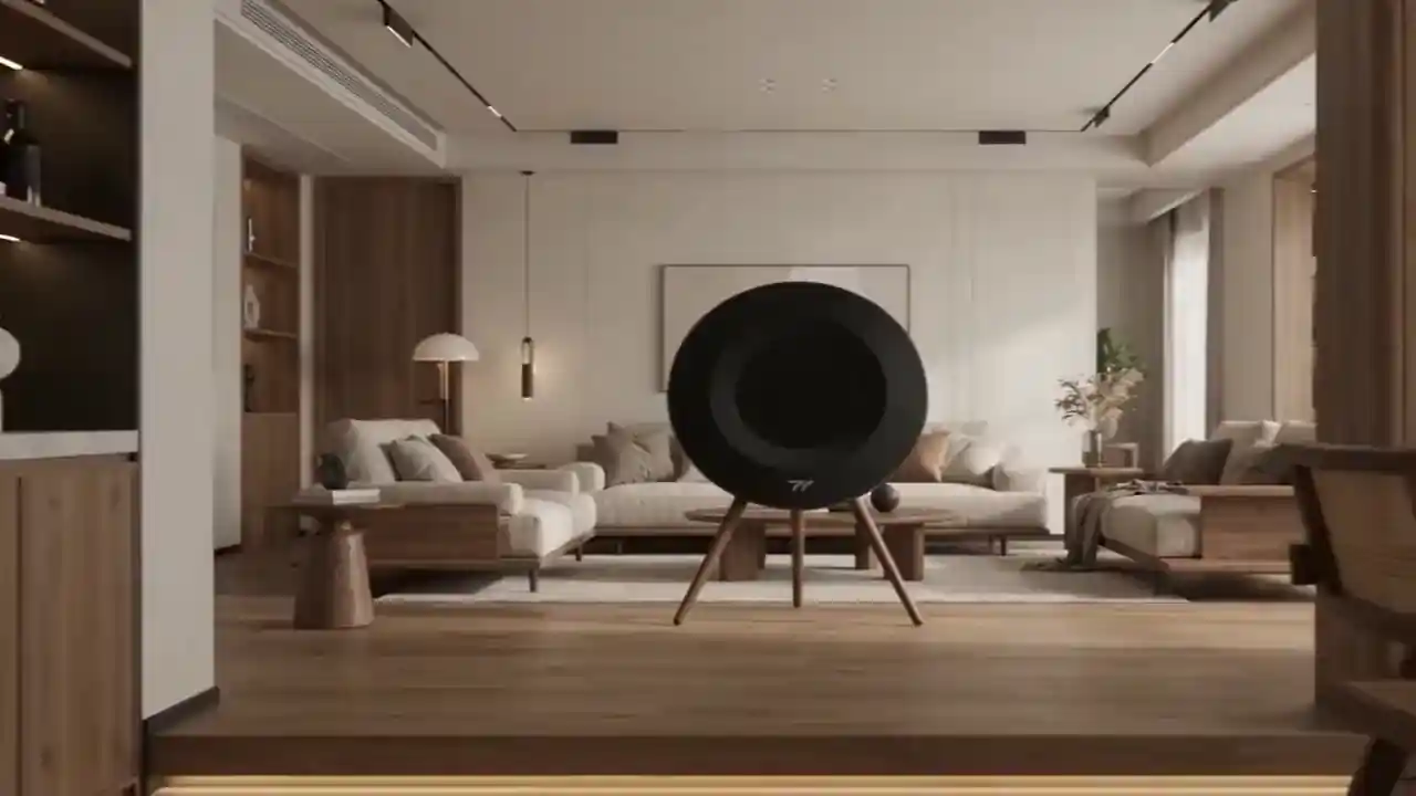 Real round-display speaker on the interior-scene video poster; exact model, specifications and functions require sales confirmation