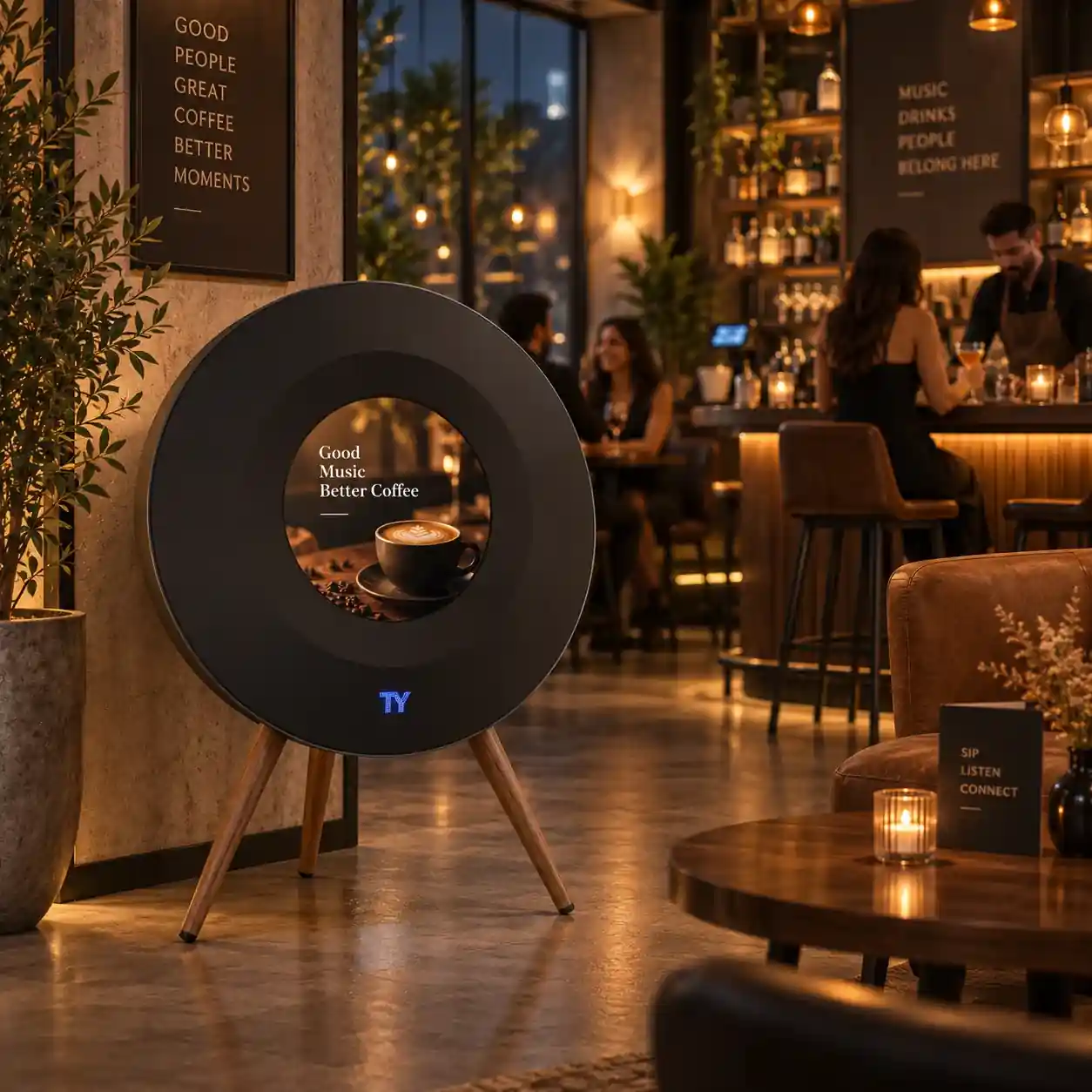 Real round-display speaker in a cafe setting; exact model, specifications and functions require sales confirmation