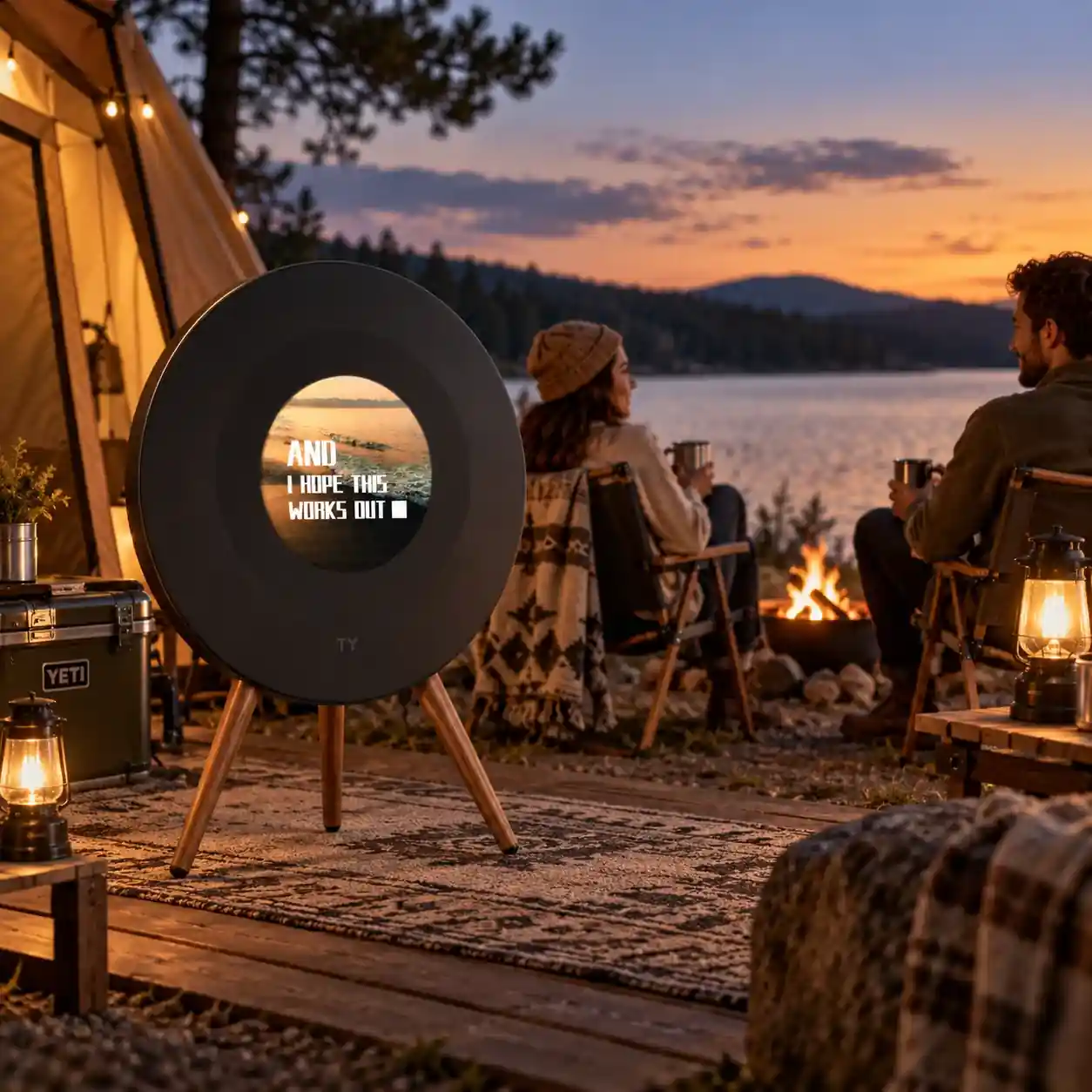 Real round-display speaker in a lakeside camping setting; exact model, specifications and functions require sales confirmation