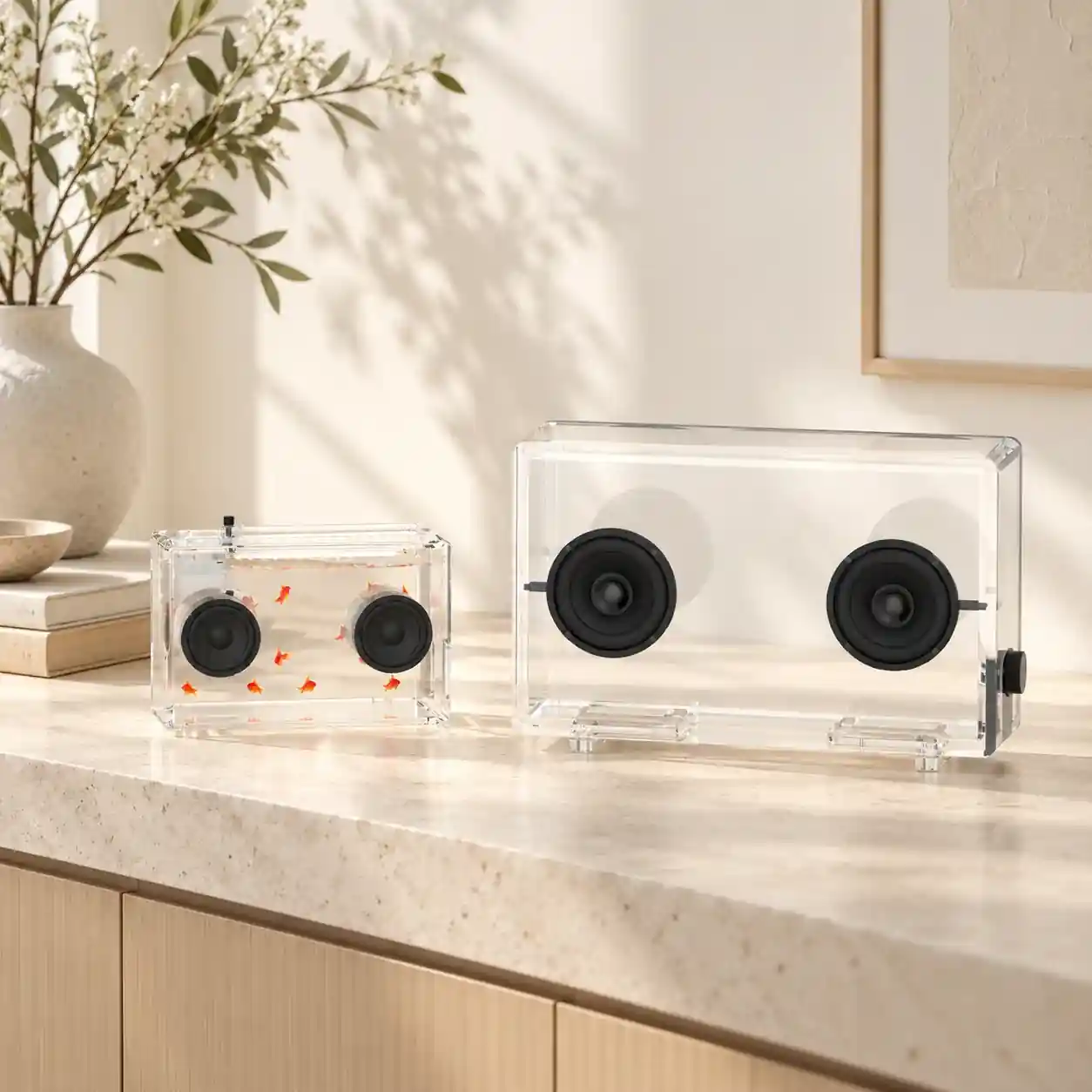 Fully transparent acrylic speakers in two sizes on a bright surface