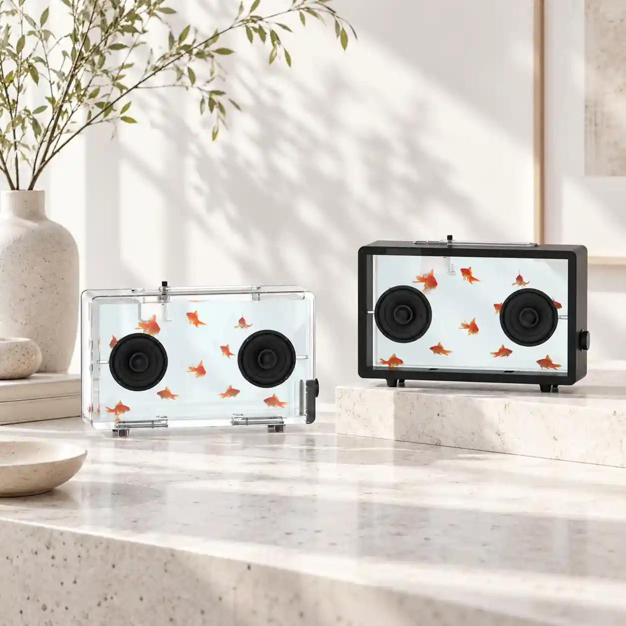 Transparent display-cabinet speakers in two sizes on a bright surface