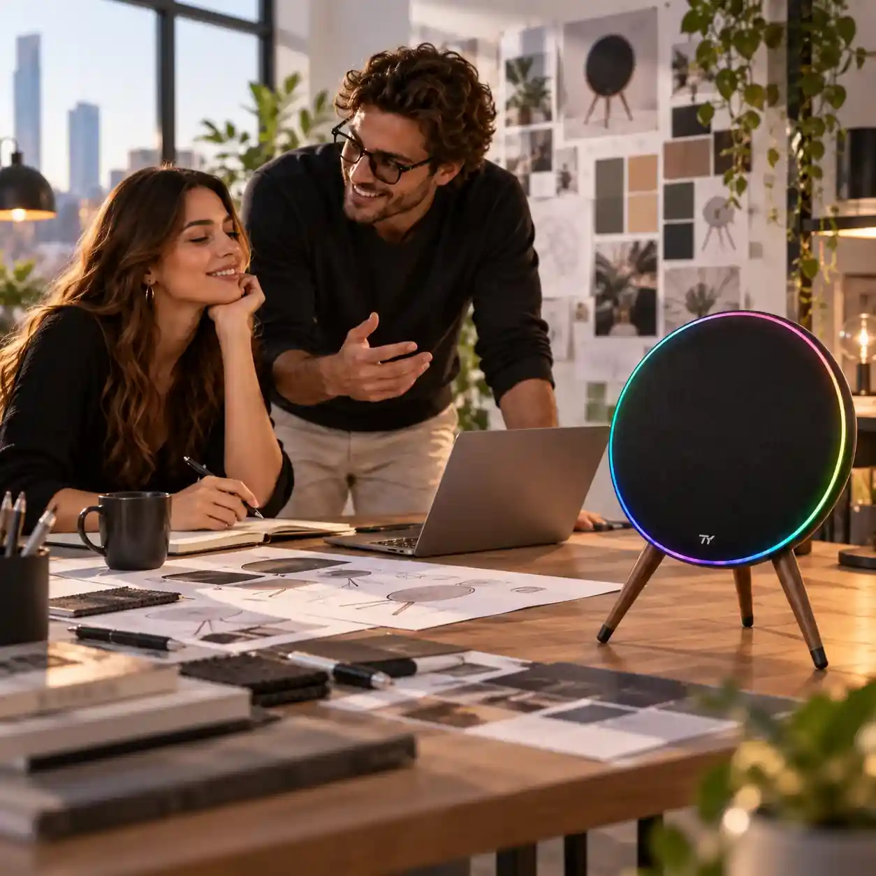 Black record-style speaker beside an interior design desk; color-customization scene asset